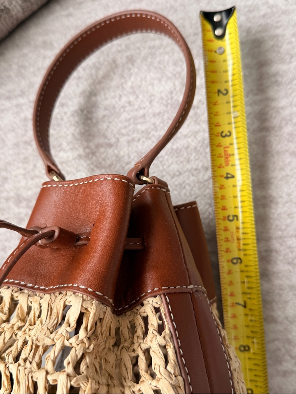 J. Crew Drawstring Brown English Saddle Leather & Straw Mini Bucket Bag #OA3 - Picture 13 of 16